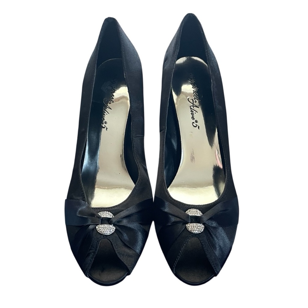 Easy Street Alive 5 Black Satin Peep Toe Rhinestone-Embellished Brooch Heels